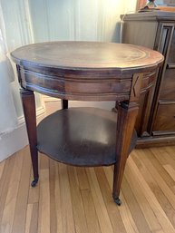 B2A/ #1 Of 2 Lovely Vintage Round Wood Accent Side Table W Leather Top Inlay, Open Shelf Bottom & Wheels