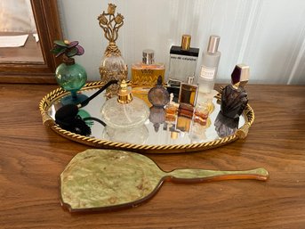 B2A/ Vintage Gold Rope Edge Dresser Mirror, Bakelite Hand Mirror, Perfume Bottles & Vivre, Houbigant...etc