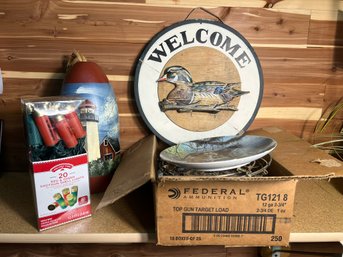 L4/ Box/ Knowles & George Collector Plates, Painted Buoy, Welcome Sign, Shotgun Shell Lights Etc...