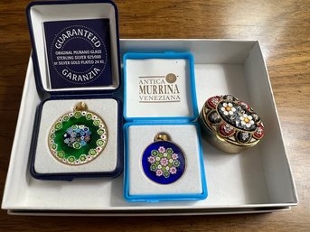 B2A/ 3 Pcs - 2 Murano Glass & Gold Pendants In Original Boxes & 1 Ornate Pill Box