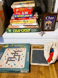 LR/ Assorted Vintage Game Lot: Scrabble, Candyland, Operation, Scrabble, Legos, Clue Etc