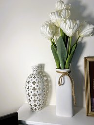 LR/ 2pcs - White Ceramic Vases - One With Faux Flowers, One With Cutout Design