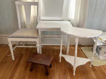 B2A/ 4 Small Furn Lot - 2 White Tables Open Lower Shelf, White Chair Velour Seat, Cushman Colonial Footstool