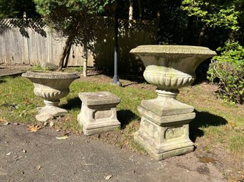 BY/ 4 Pcs - Large Stone Planter Urns With Pedestal Bases - Antique Style