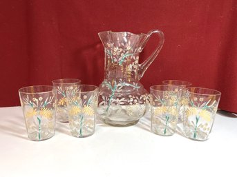 NBT/ 7pcs - Vintage Or Antique Painted Glass Lemonade Pitcher With 6 Matching Glasses