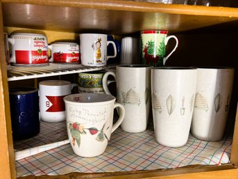 K/ Shelf 14pcs - Assorted Mugs: Pfaltzgraff, Irish Weave, CorningWare, Campbells Soup Etc