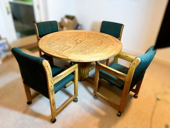 L1/ Nice Double Side Wood Game Table With 4 Rolling Green Upholstered Arm Chairs