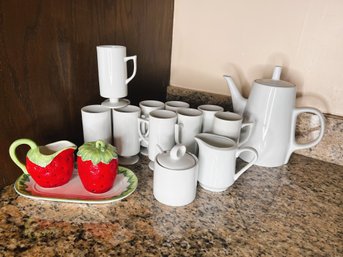 K/ 16 Pcs /  White Tea Items - Teapot, 10 Footed Handled Cups, Strawberry Motif Cream & Sugar