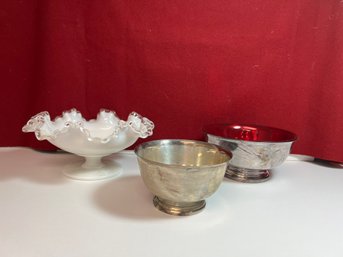 NBT/ 3pcs - 3 Vintage Pretty Bowls: 1 Milk Glass, 2 Silver Plate - Gorham & Paul Revere