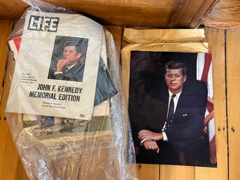 1BR/ Bag Of Magazines And Newspapers Featuring JFK & 12x16 Copy Of Presidential Portrait