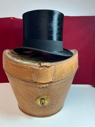 NBT/ Remarkable Antique Top Hat In Original Leather Carry Case: Collins And Fairbanks