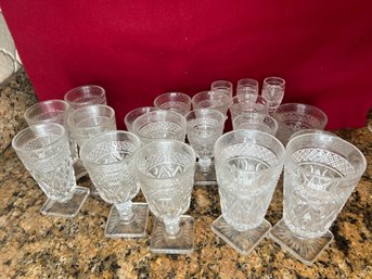 K/ 20 Piece Pressed Glass Lot Including Footed And Low Ball Glasses