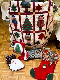 7 Piece Christmas Decorations - Quilt, Stockings, Pillows & More