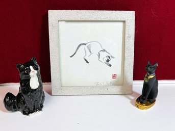 NBT/ 3pcs - 2 Black Cat Figurines, 1 Framed Cat Artwork Signed By Artist