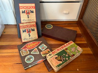 Bag W 4 Cool Vintage Board Games - Monopoly, Travel Yahtzee, Scribbage, Scrabble