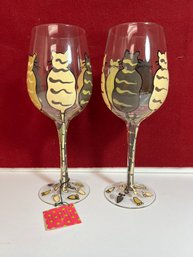 NBT/ 2pcs - LuLu By 2 Saints - Cat Design Hand Painted Wine Glasses