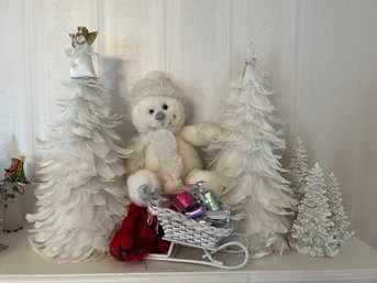 LR/ Bundle Of Asstd White Christmas Holiday Mantel Decor - Feather Trees, Sled W Gifts, Snowman, Birds Etc