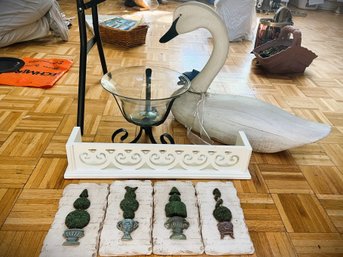 7 Pc Decorative Garden Lot - Decoline Plaques, Large Wooden Goose, Metal Glass Bowl, White Shelf