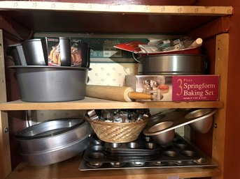 1HC/ 2shelves - Bakeware: Farberware, Nordic Ware - Cake Pans, Decorating Supplies, Rolling Pin Etc