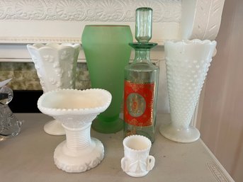 LR/ 6 Pcs - 4 Asstd Milk Glass Vases (Westmoreland Etc), Frosted Green Vase, Vintage Green Decanter Bottle