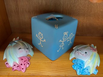CR/A Box 3pcs - Cute Decor: Stick Figure Tissue Box Cover And Ceramic Wall Pockets With Dog Theme