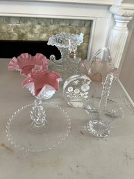 LR/ 8 Pc - Clear Bottle, Peach Basket, Hobnail White Rim Cornucopia, 2 Pink & White Hobnail Pcs, Paper Wt....