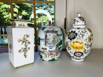 3 Pc Brightly Painted Ceramic Large Covered Jars