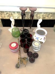 LR/ Big Bundle Of Asstd Colored Glass, Ceramic ...candle Holders Plus Tealights & Candle Snuffs