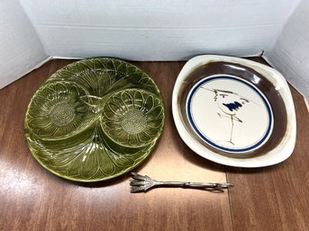 CR/A 3pcs - Pretty Ceramic Serving Platters: Dansk And California Pottery With Serving Tongs