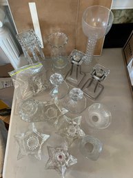 LR/ Big Bundle Of 18 Asstd Clear Glass Candle Holders - Some Tall, Low, Ornate, Simple, Star Shaped Etc