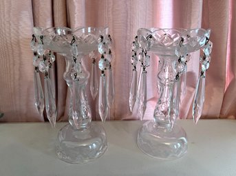 LR/ Pair Of Vintage Tall Pressed Glass Candle Holders W Prisms Hanging