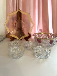 LR/6 Pcs - Gold Rim Ruby Red & Clear Bowl, 4 Sm Thumbprint Bowls, Gold Rim Pink Depression Glass Plate