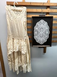 CR/A 2pcs - Lace Lot: Wood Tray With Doily Under Glass, Vintage Lace And Satin Dress