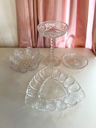 LR/4 Pressed Glass Servers - 2 Candy Nut Dishes, 1 Tall Candy Dish, 1 Triangle Shaped Deviled Egg Plate