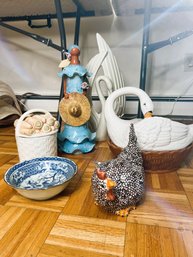 6 Pc's Assorted Unique Ceramic Decor - Bowls, Figurines, Rooster, Swan Etc