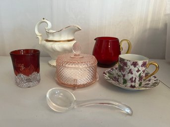 LR/ 6 Assorted Pcs -  Pink Glass Covered Sugar, 2 Red Glass Pcs, 1 White Creamer, 1 Floral Cup & Saucer Etc