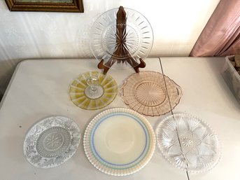 LR/ 6 Pretty Vntg Plates - MacBeth Evans Creamax Pastel Petalware, Pink Depression Glass, Yellow Pastry Dish..