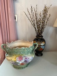 LR/ 2 Asian Pcs - Large 17'w Green Painted 2 Handle Jardiniere & Black Gold Colorful Painted 12.5'H Vase