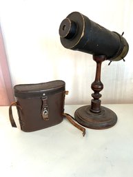 LR/ 2 Antique Pcs - Parlor Kaleidoscope On Stand & Rare Dumaurier Paris Binoculars 10x32 W Case