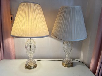 LR/ Pair Of 2  Large Pressed Glass Table Lamps, Brass Base, Ivory Pleated Shades