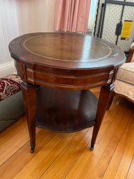 LR/ # 2 Of 2 Lovely Vintage Round Wood Accent Side Table W Leather Top Inlay, Open Shelf Bottom & Wheels