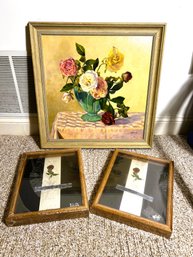 L3/ 3pcs - Pretty Framed Oil On Canvas 'Roses' By Peggy Stanioski & 2 New Wood Shadow Box Frames