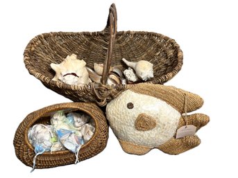 CRE2/L: Nautical Shells Lot - Handle Basket W Asstd Shells, Decorative Fish, Tiny Bags Of Shells