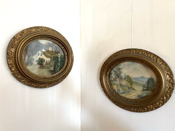 FE/ 2 Vintage Deep Set Oval Ornate Gilt Framed Painting Of 2 Landscapes