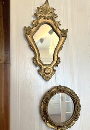 FE/ 2 Vintage Florentia Italian Gold Gilt Wall Mirrors - Top Crest One 13.5'h & Round 7'h