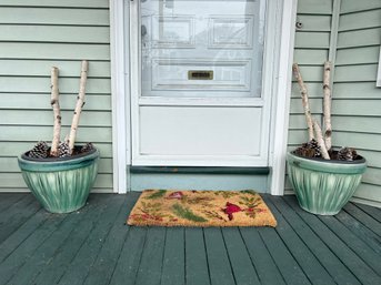 P/ Pair Of Gorgeous Large Green & Blue Glazed Ceramic Planters W Birch & Pinecones