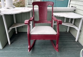 P/ 3 Vintage Rustic Wood Pcs - Red Painted Rocking Chair, 2 White Painted Corner Tables W Lower Shelf