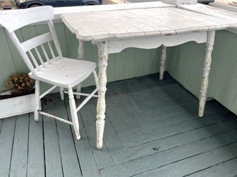 P/ 2 Vintage Rustic Wood Pcs - White Painted Side Dining Desk Chair & White Painted Kitchen Side Table