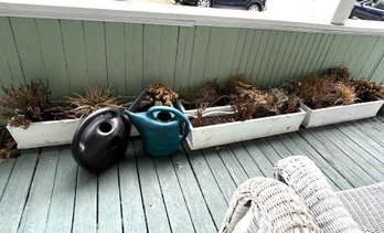 P/ Garden Bundle - 5 Pretty White Wood Window Planter Boxes, 2 Plastic Watering Can, 1 Round Hang Planter