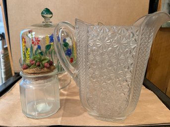 K/ 4 Pc - Painted Small Glass Cake Stand & Cover, Glass Jar W Cover, 2 Vintage Glass Pitchers